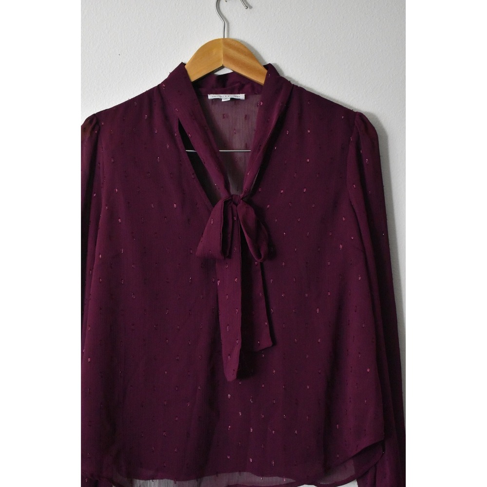 Crescent & Willough Blouse Womens Medium Burgundy Tie Neck Metallic Dot - Picture 2 of 6